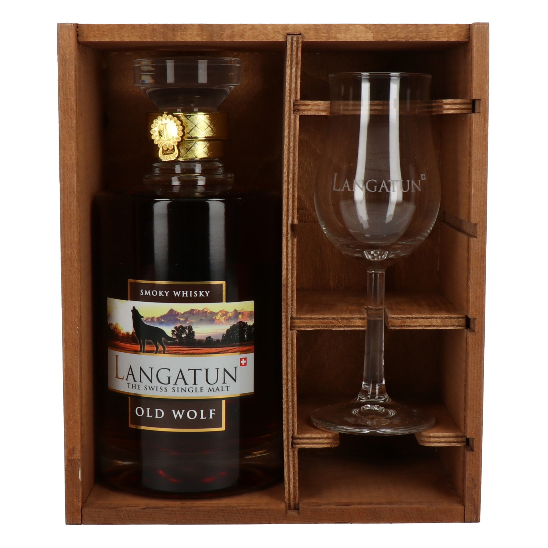 Langatun - Old Wolf - Smoky Single Malt Whisky -Holzbox mit Stilglas - 46% - 50cl